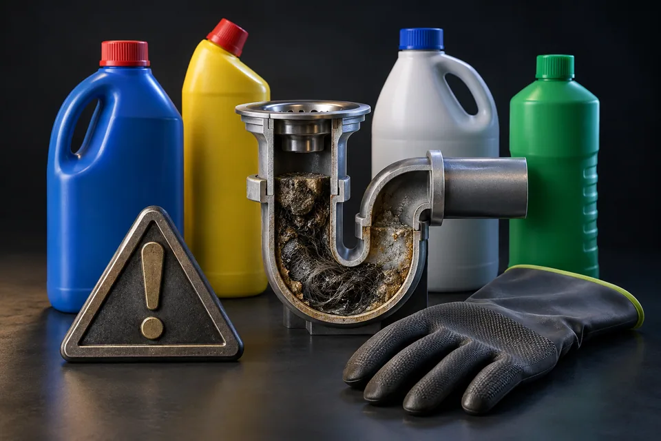 Conceptual illustration of household chemical containers beside a drain specimen