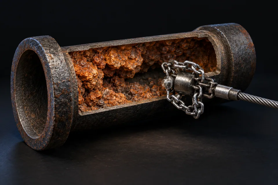 Conceptual illustration of cast-iron deposits and a descaling attachment