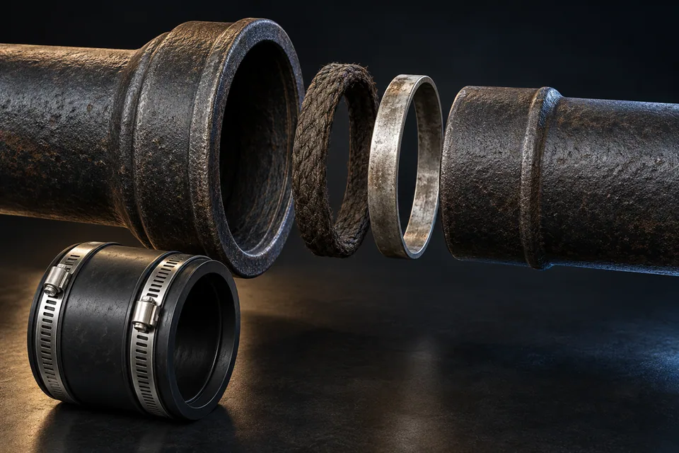 Conceptual illustration of exploded cast-iron bell-and-spigot joint
