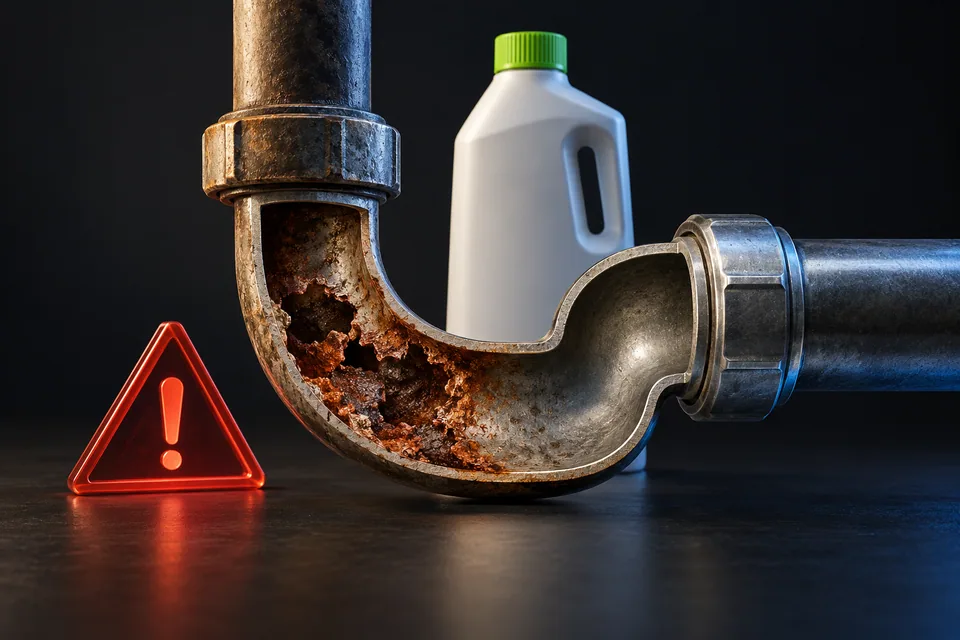 Conceptual illustration of chemical damage and a sealed drain-cleaner container