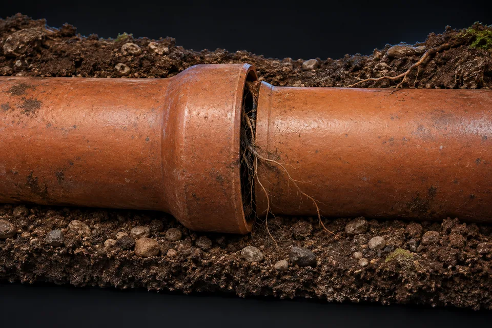 Conceptual illustration of clay sewer socket and root entry