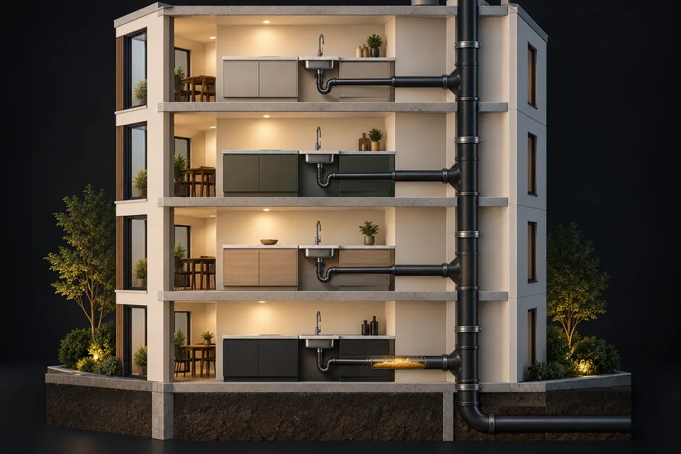 Conceptual illustration of apartment drain-stack architectural cutaway