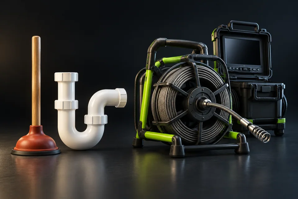 Conceptual illustration of household tools and professional drain equipment