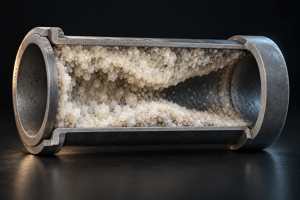 Conceptual illustration of pale mineral scale inside a drain pipe