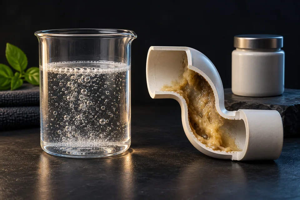 Conceptual illustration of fizz and an unchanged drain-wall deposit