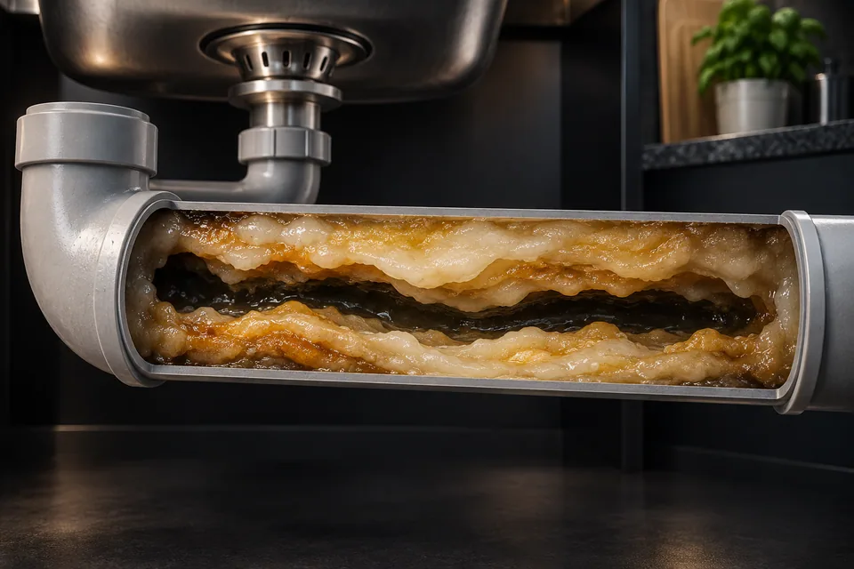 Conceptual illustration of layered grease in a kitchen branch drain