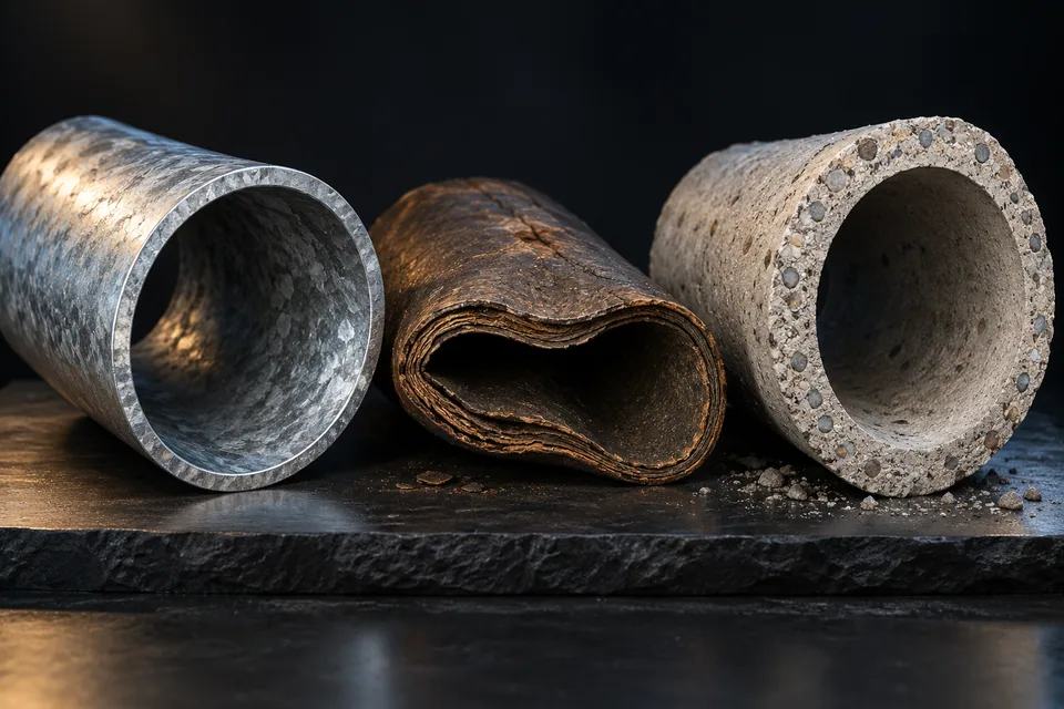 Conceptual illustration of galvanized, fibre and concrete pipe specimens