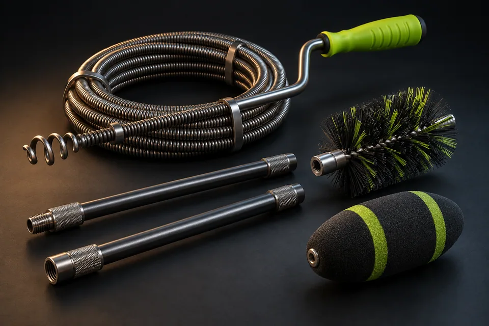 Conceptual illustration of drain springs, rods, brushes and pigs